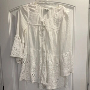 Women's Crown & Ivy White Eyelet Boho Peasant boho Tunic Tie Neck Plus Size 0X